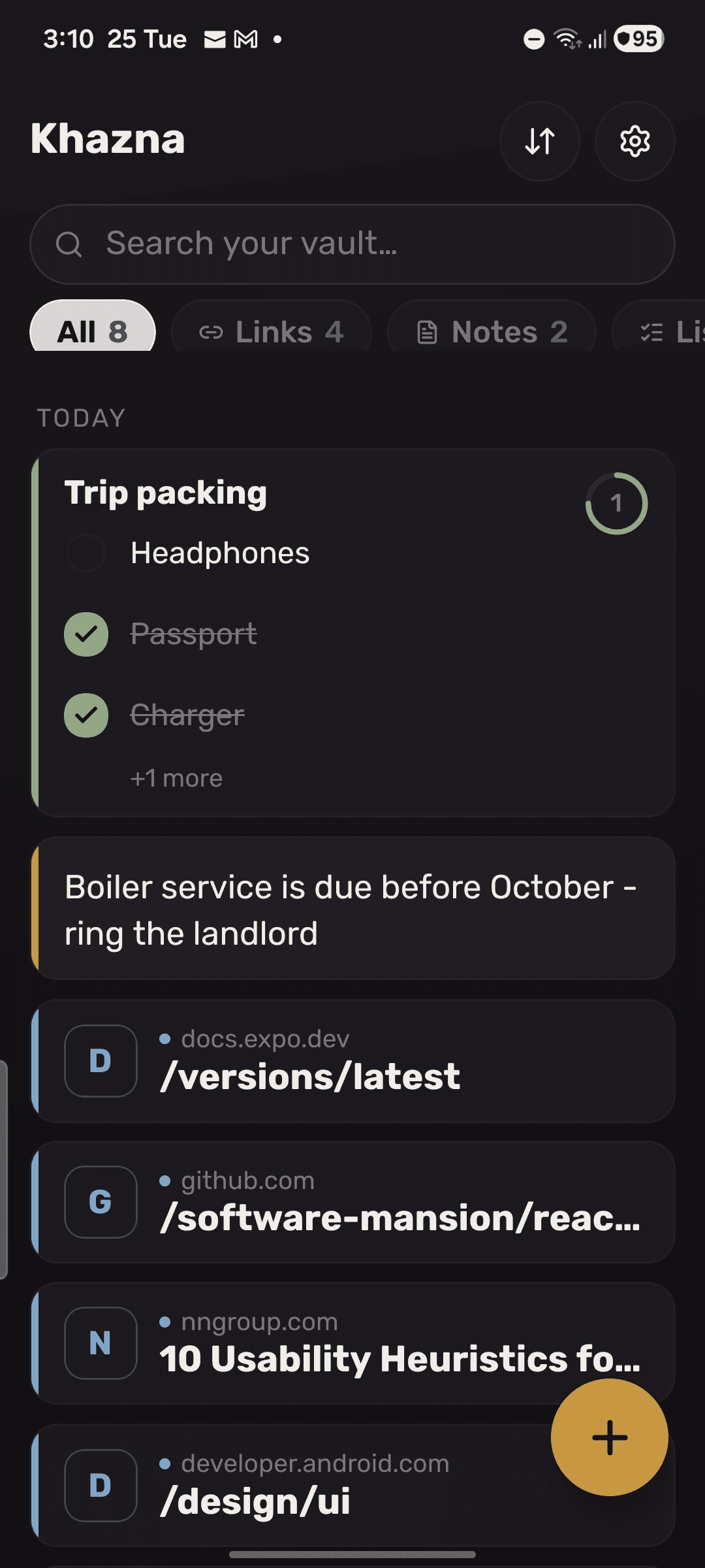 Links, notes and lists in one feed, grouped by when they were saved