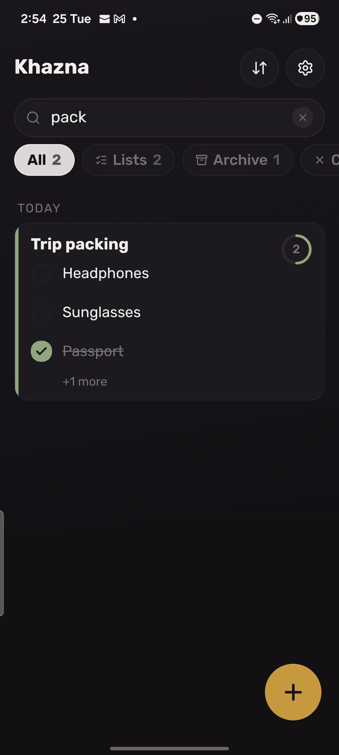 Search runs as you type across titles, bodies, links and checklist entries