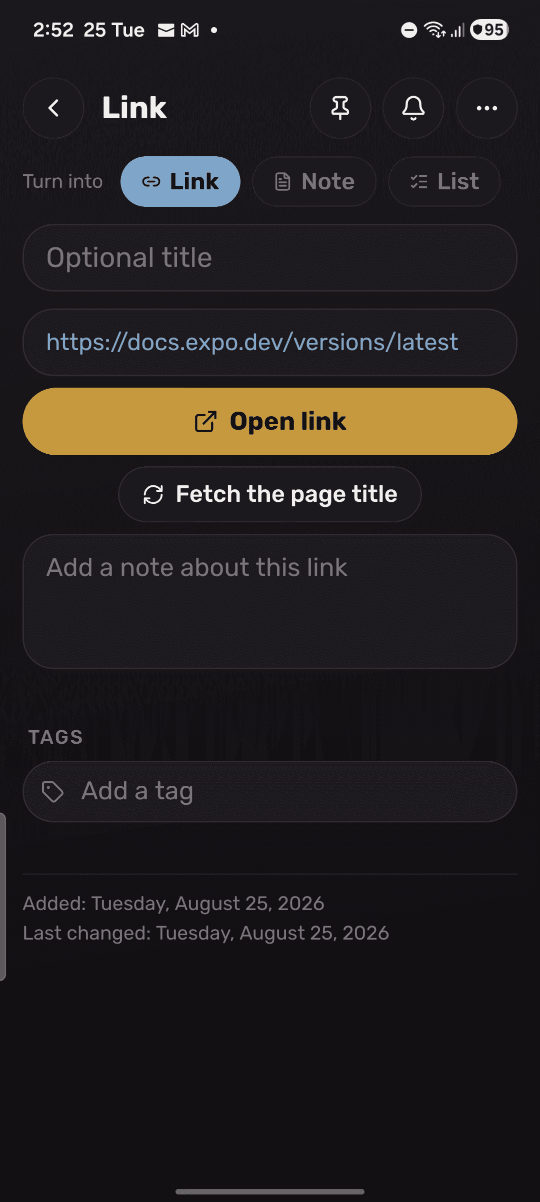 A saved link showing the page title it fetched instead of an address