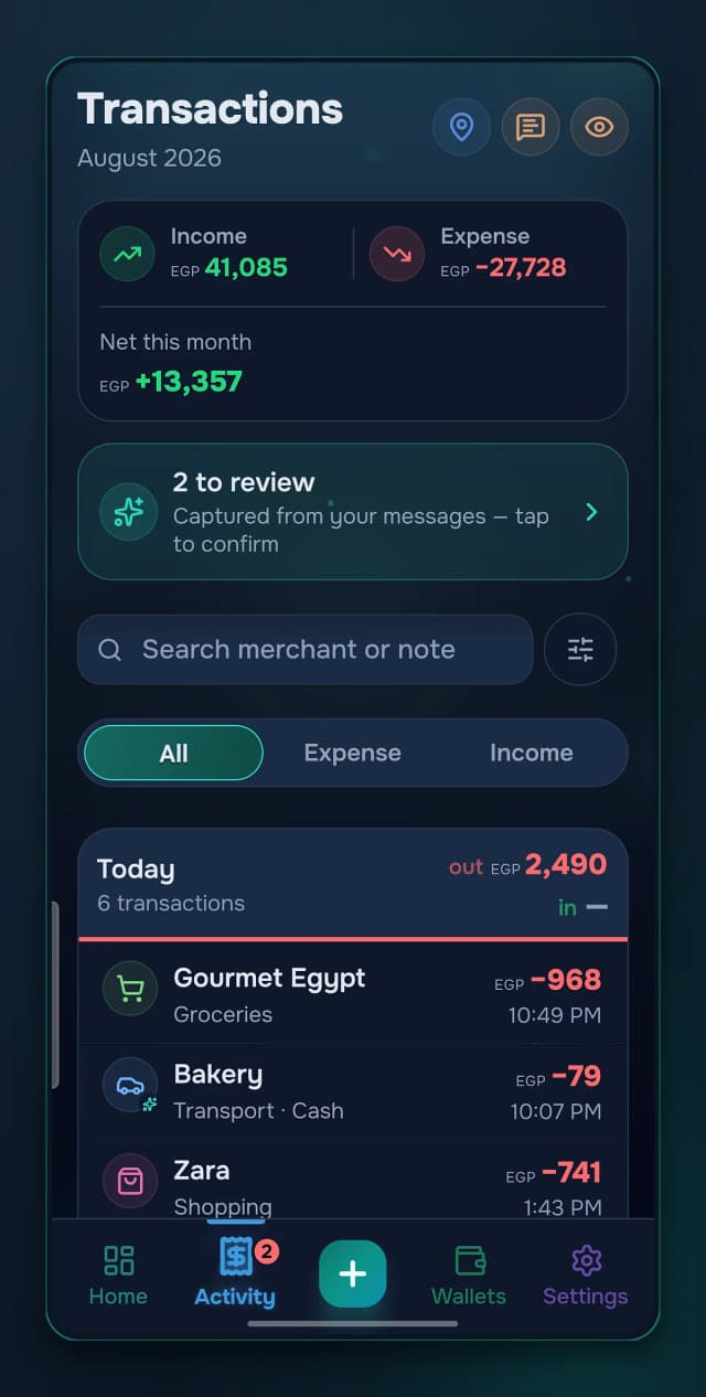 Every transaction, grouped by day and searchable