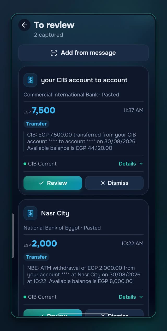 Bank alerts captured into a review queue, confirmed in one tap