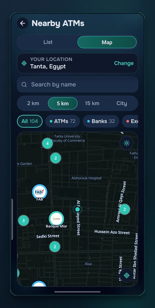 Cash machines around you on a map, filtered by bank