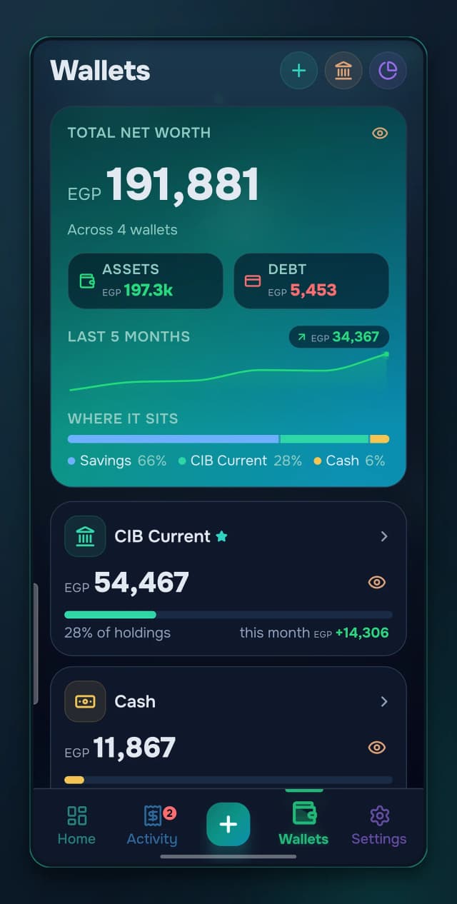 Cash, bank and mobile wallets, one net worth