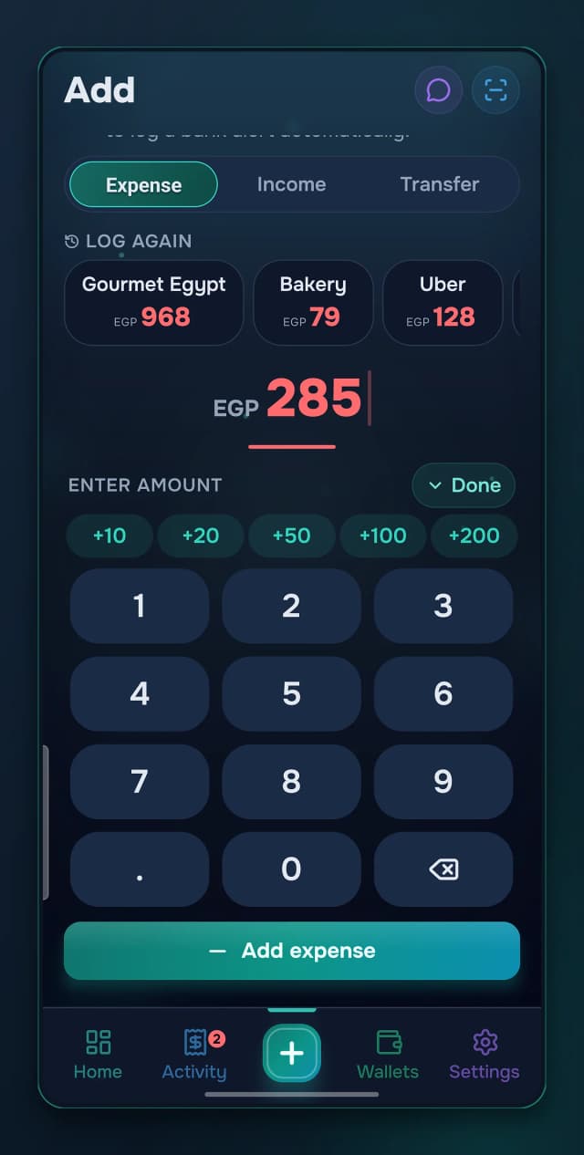 A full add screen: numpad, categories, wallets, any date