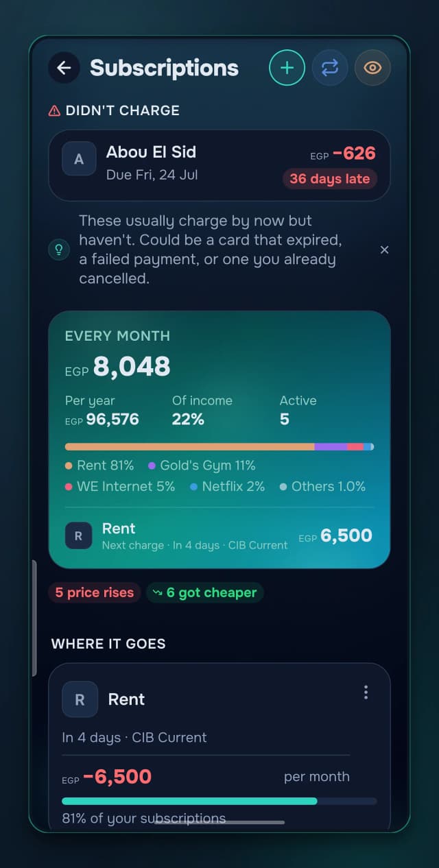 Subscriptions found in your own history, priced per year