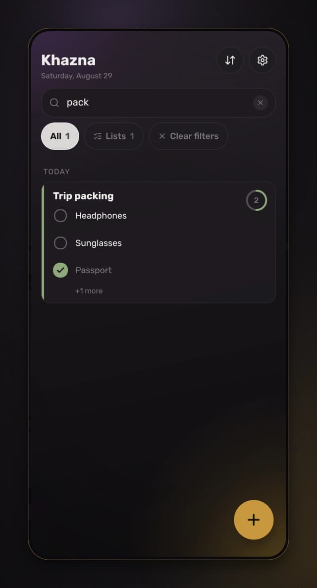 Search runs as you type across titles, bodies, links and checklist entries