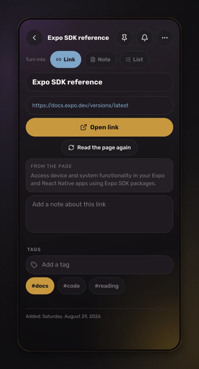 A saved link showing the page title it fetched instead of an address