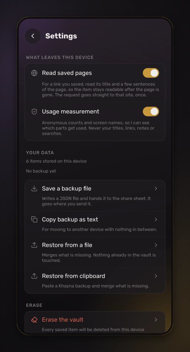 What leaves the device, what is stored on it, and what each switch actually does