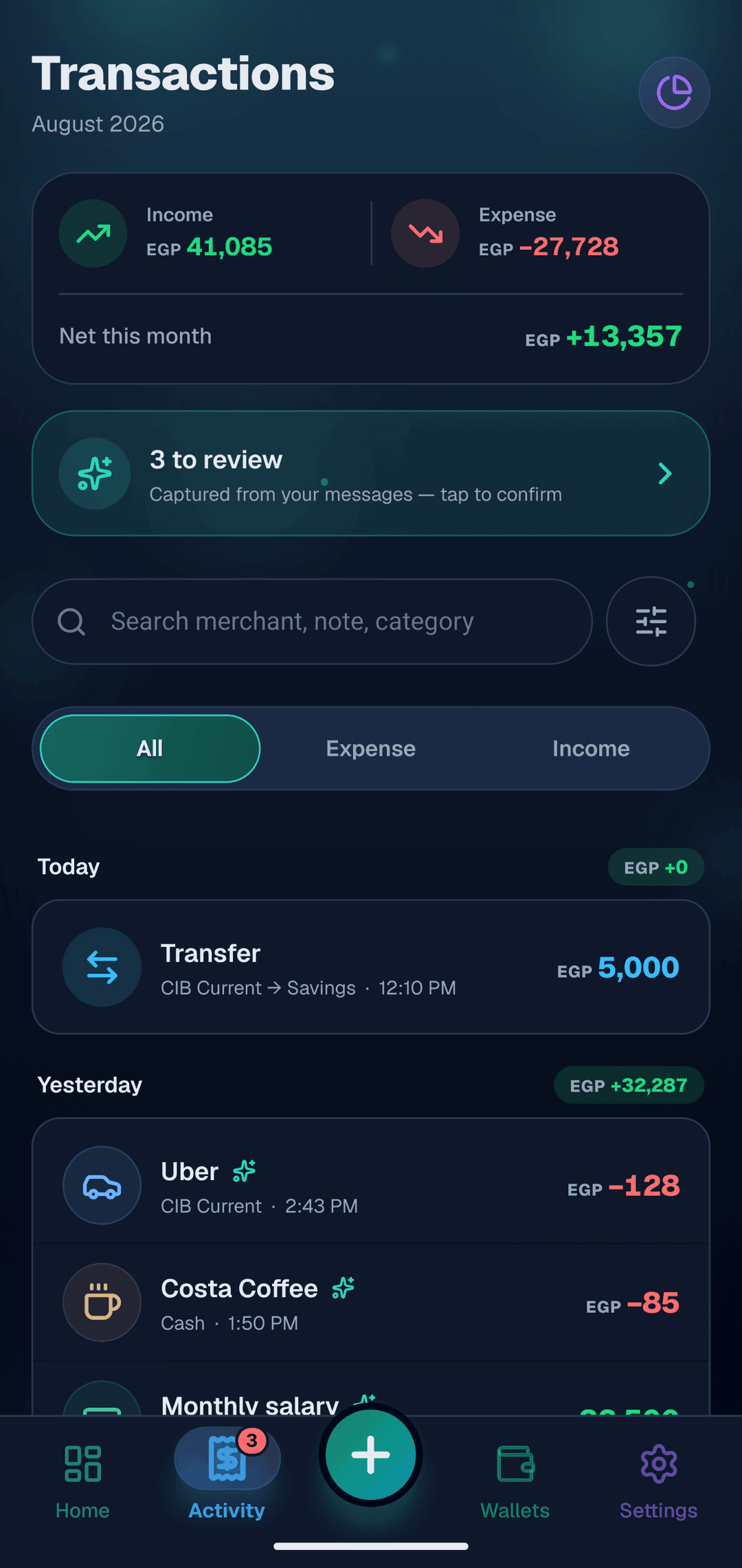 Every transaction, grouped by day and searchable