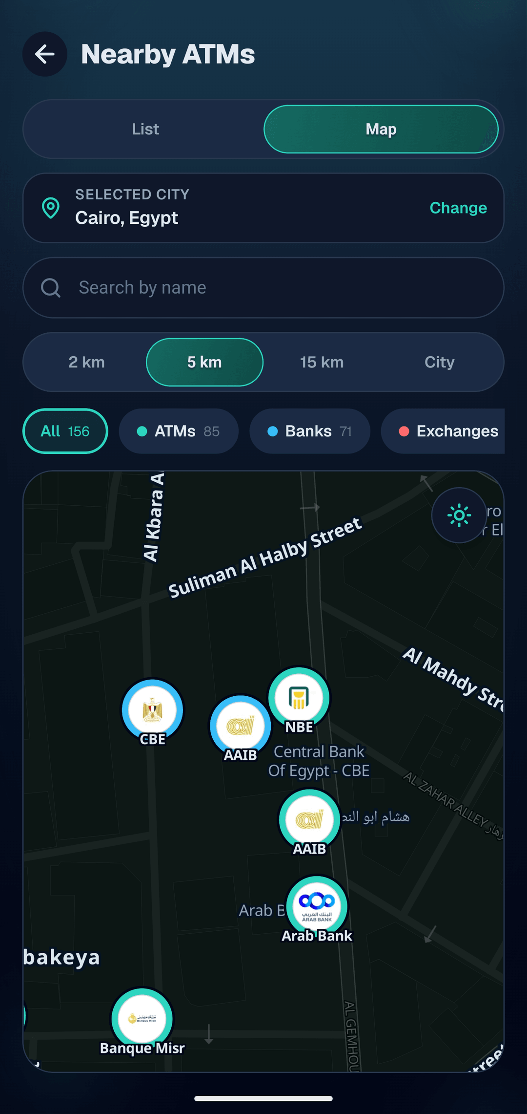 Cash machines around you on a map, filtered by bank