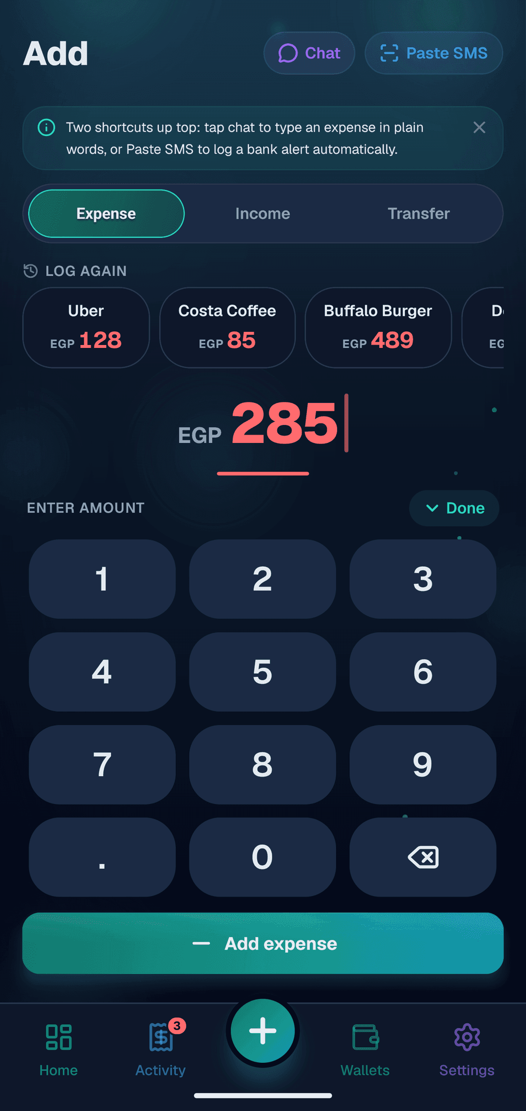 A full add screen — numpad, categories, wallets, any date