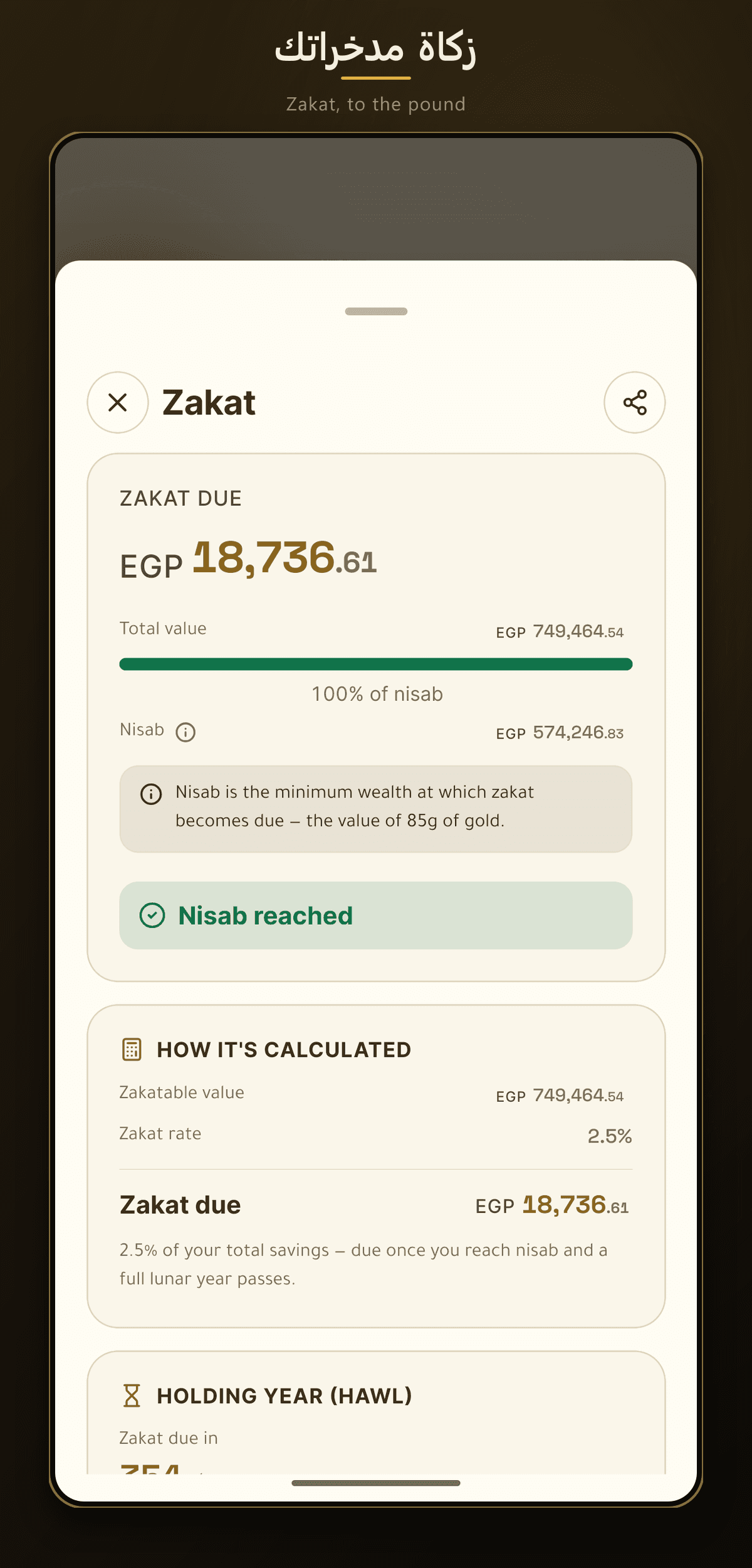Nisab plus 2.5% from your holdings, to the pound