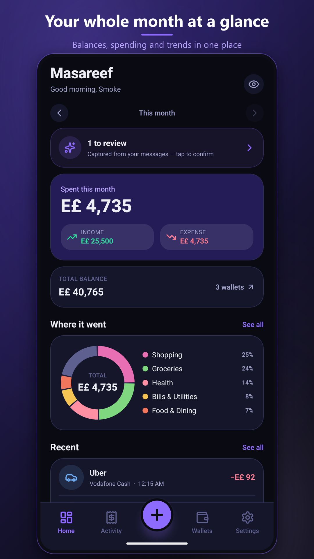 Balances, wallets, and recent activity at a glance