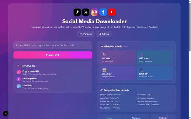 Demo — paste a TikTok, X, Instagram, Facebook, or YouTube link, preview the media, and download it without the watermark