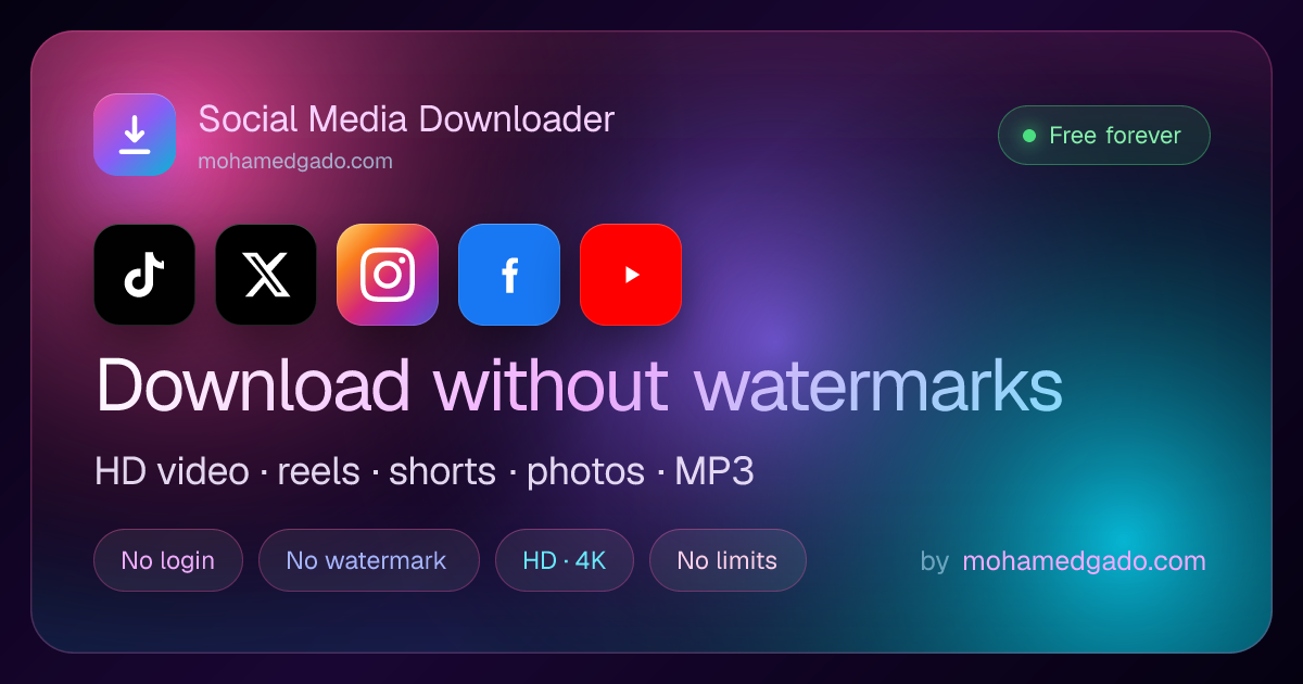 Social Media Downloader — download HD video, reels, Shorts, MP3 audio and photos from TikTok, X, Instagram, Facebook and YouTube without watermarks